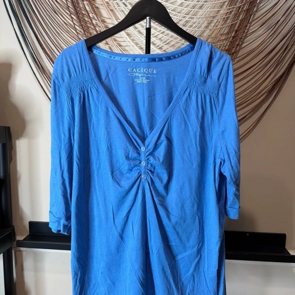 Cacique Bright Blue V-Neck Ruched Long Sleeve Top